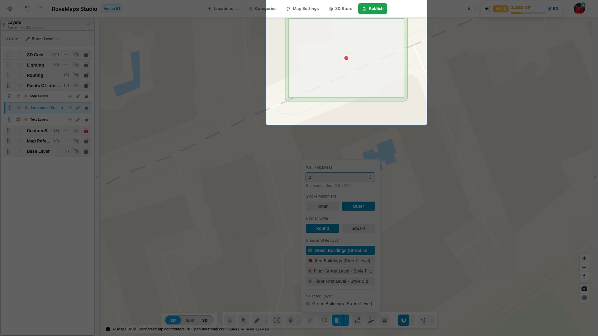 Hover a polygon on the selected layer — the ring previews under the cursor.
