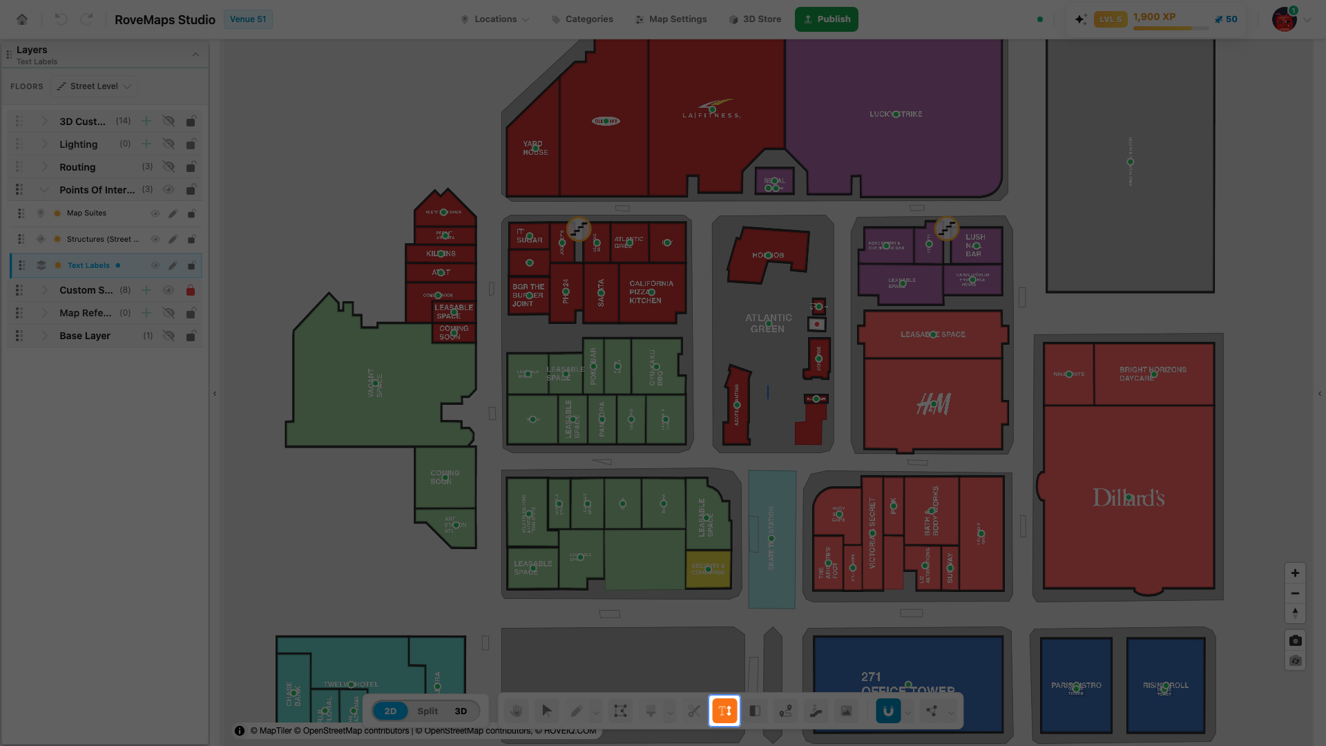 The Text Label tool active with a label being typed directly on the map