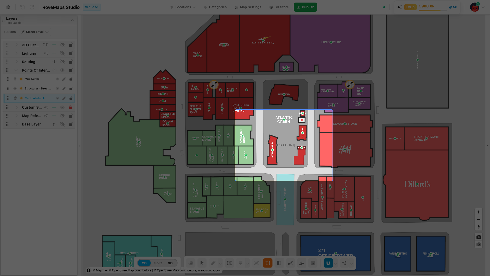 Click the map and type — the text renders live on the map as you go.