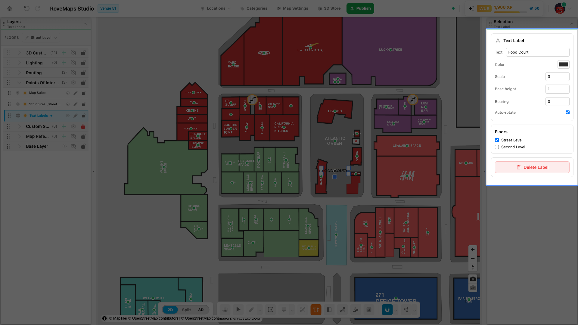 Edit the Text field in the panel, or double-click the label on the map to retype it.