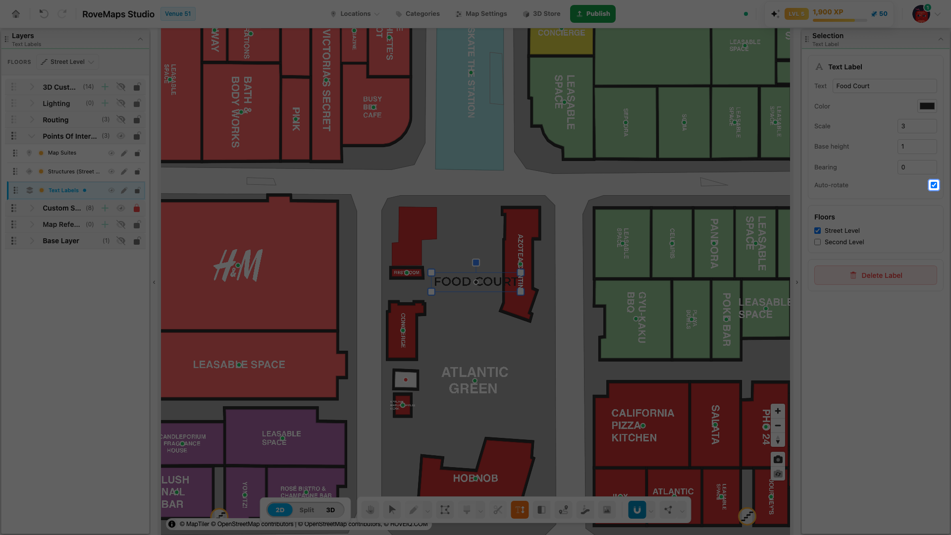 With Auto-rotate on, the label flips to stay readable when the map is rotated (here to 180°).