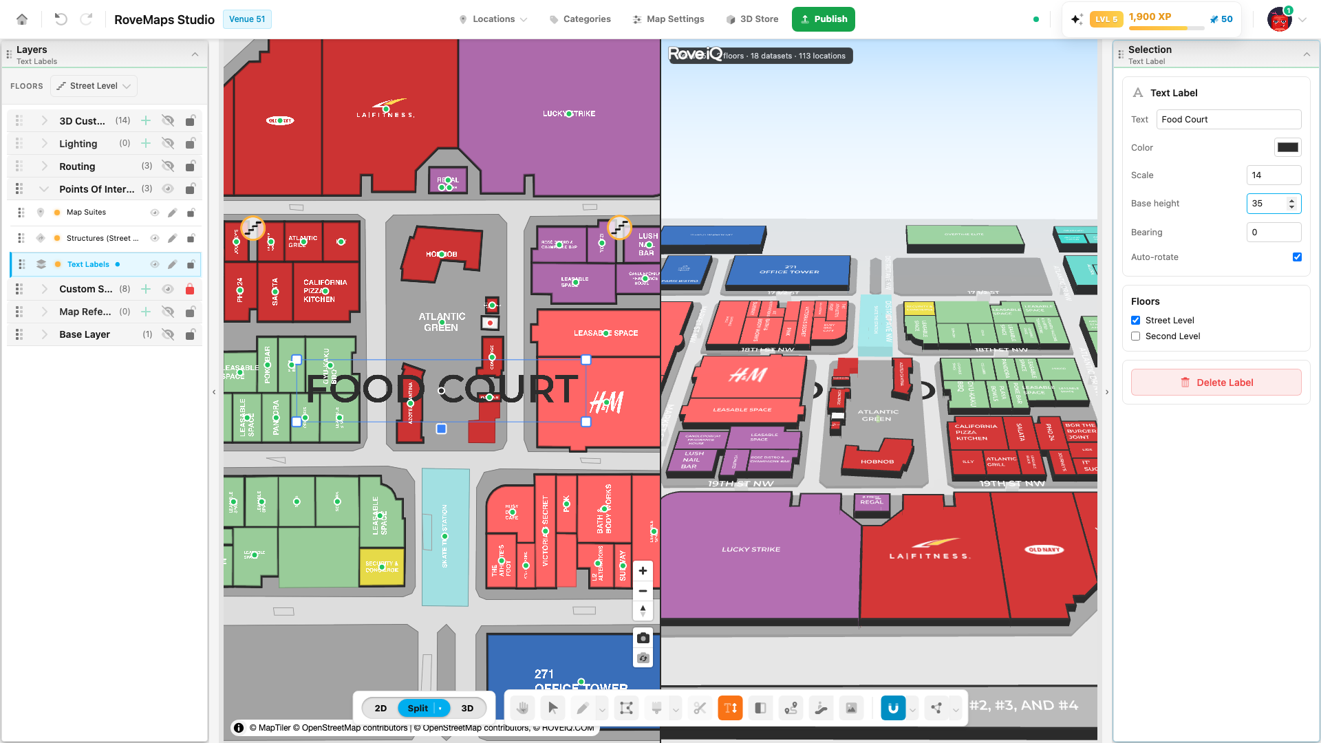 Set Base height (meters), then switch to Split or 3D. The map stays flat; the label lifts above the floor in the rove-js view (its mesh sits at that height — clearest when you orbit the 3D camera).