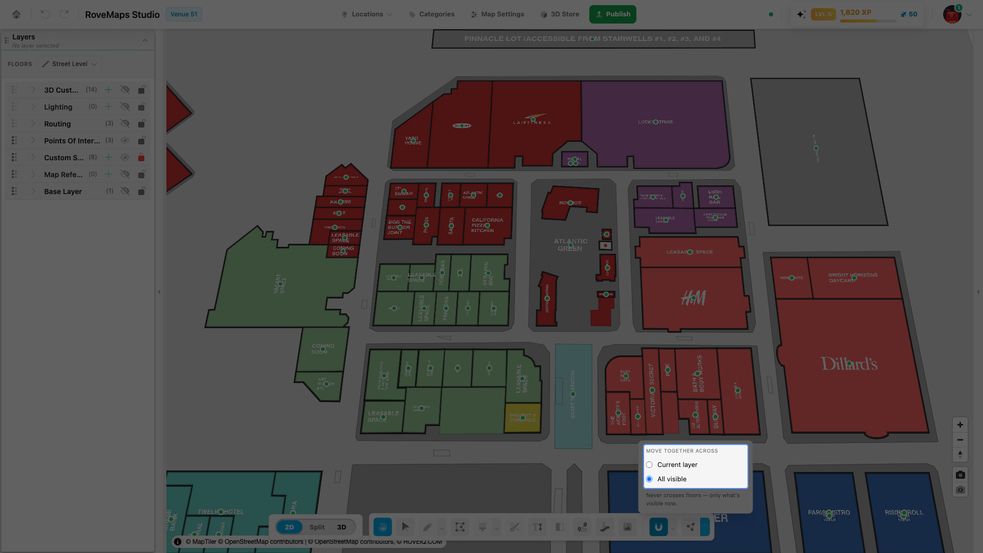 Move together across sets the scope: Current layer only, or All visible layers on the floor.