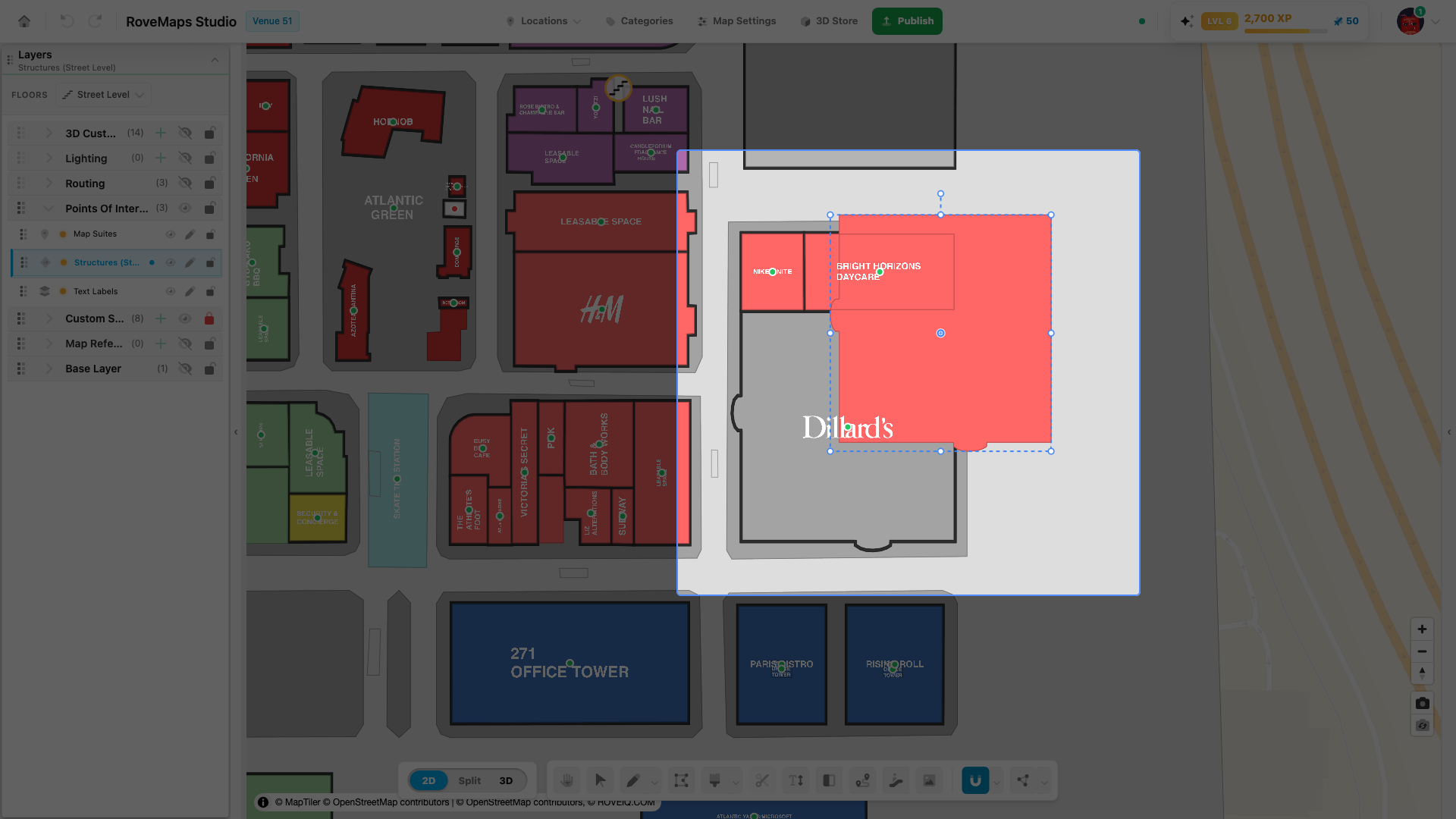 Drag the center bubble to move the whole box; dragging elsewhere pans the map.