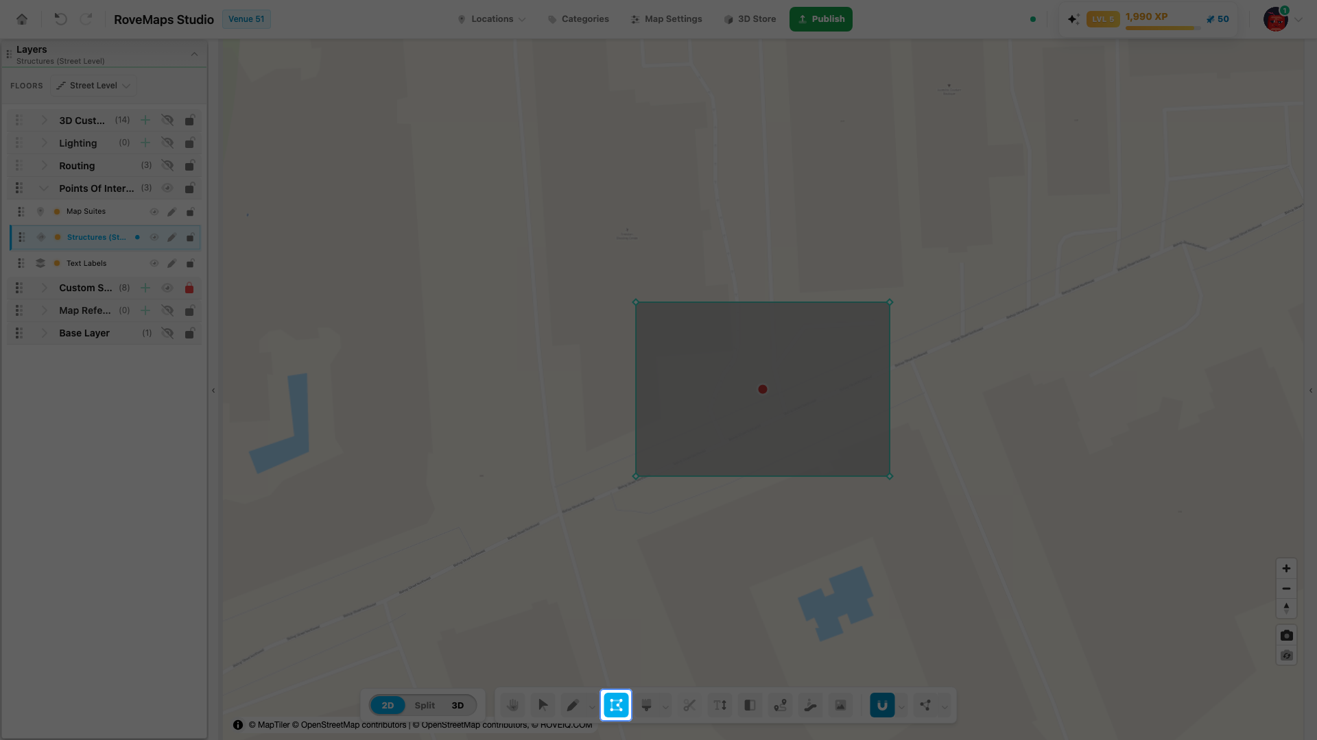 The Vertex Tool active with a polygon's vertices revealed as handles on the map