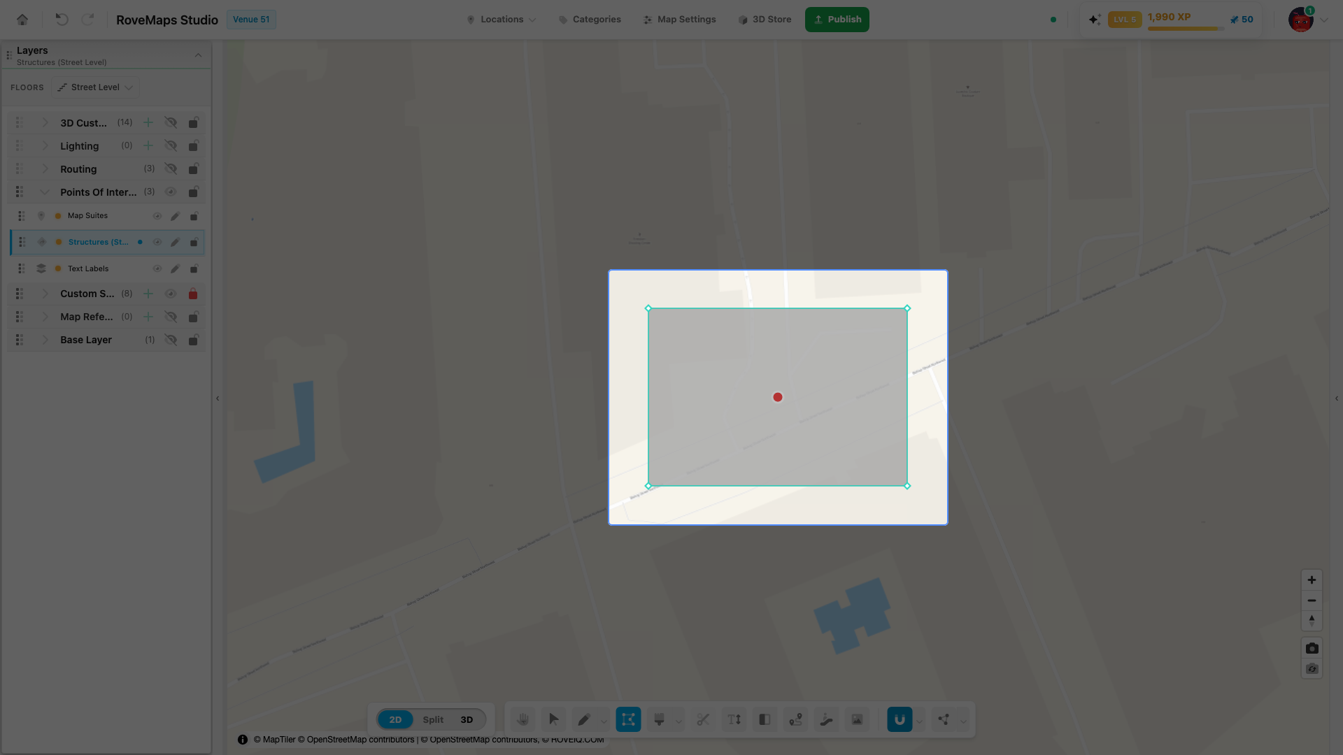 Hover a polygon — its vertices appear as handles and the shape dims with a wash.