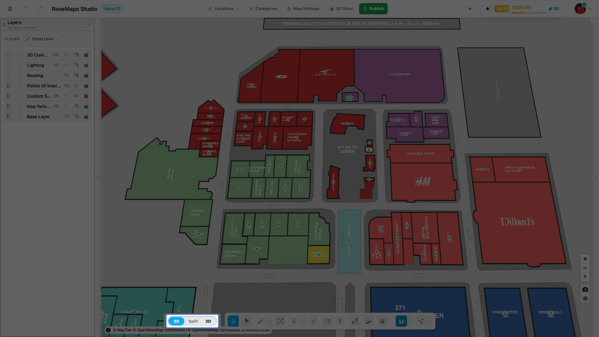 The 2D / Split / 3D view toggle in the editor toolbar