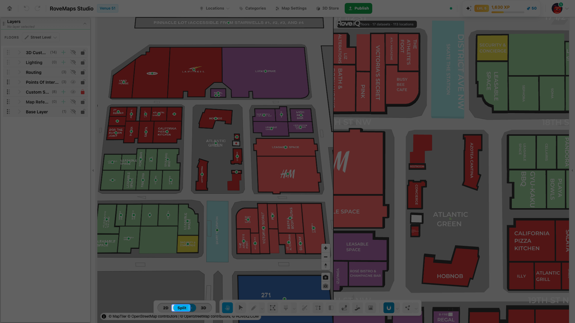 Split shows the 2D map and the 3D view at the same time.