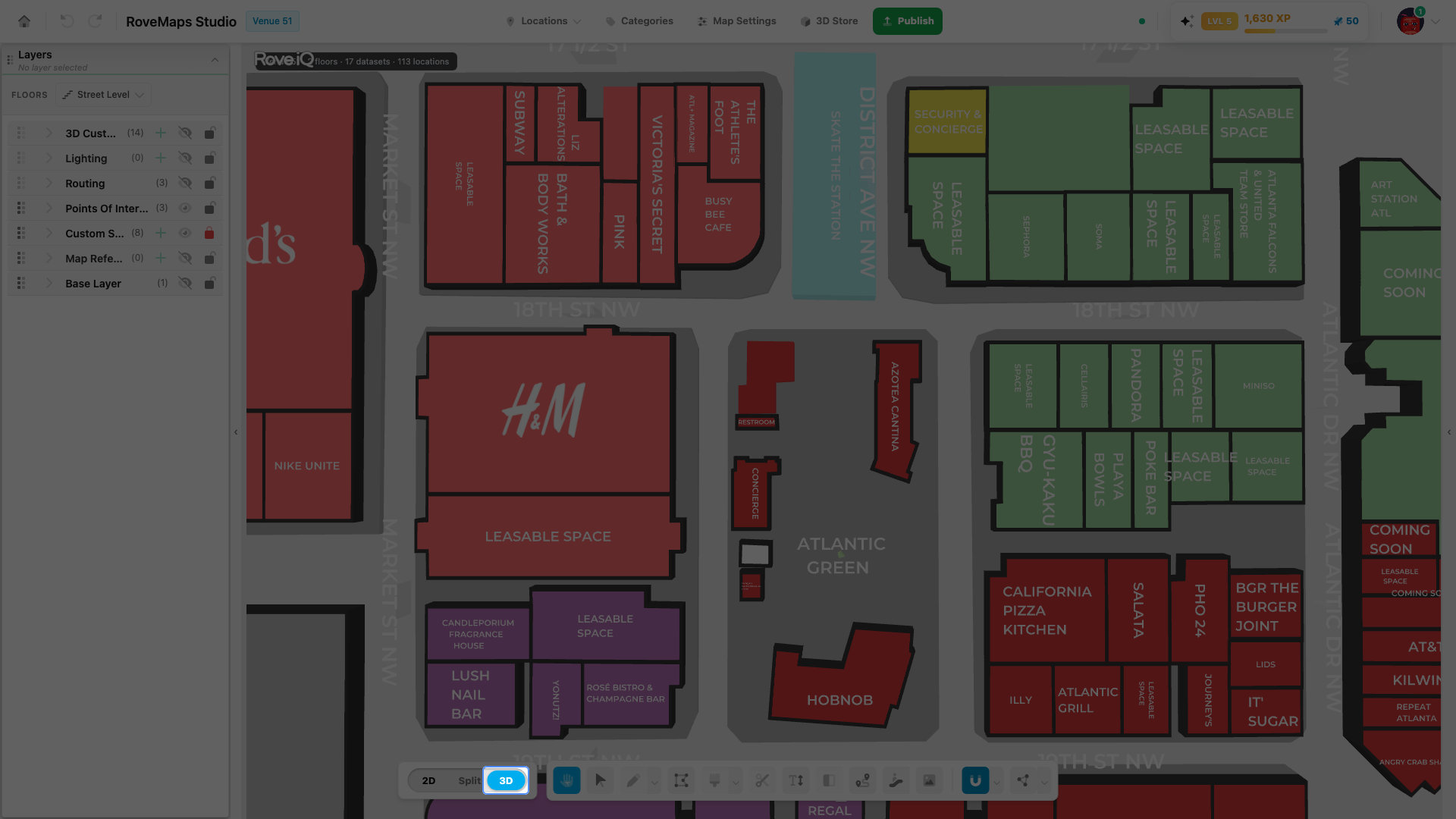 The full 3D view fills the canvas with the rendered venue.