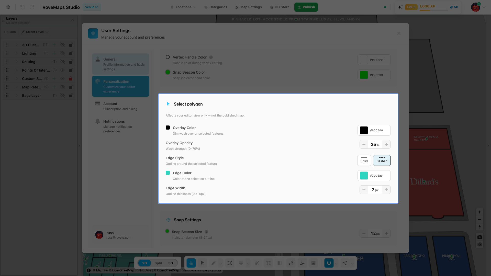 The Select polygon card in the Personalization tab with overlay and edge controls