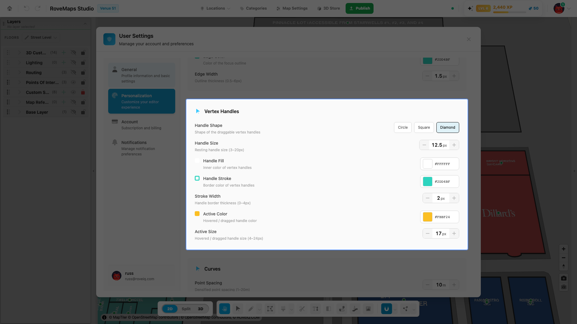 The Vertex Handles card in the Edit-Mode Styling section of the Personalization tab